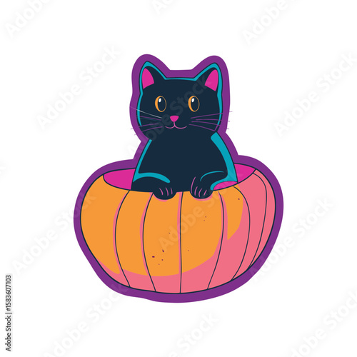Adorable black cat with pink and blue accents sitting inside orange pumpkin, in bold neon style for Halloween cards, spooky stickers, and seasonal merchandise on transparent background
