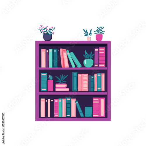 Modern bookshelf filled with colorful books, green potted plants, and vibrant decor elements in pink, teal, and purple tones for interior design, education blogs, and reading apps on transparent backg