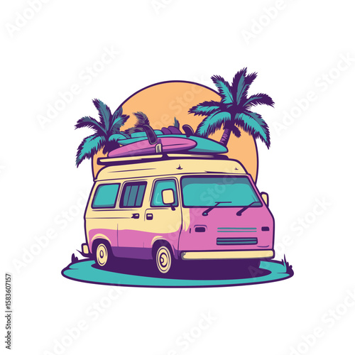 Retro camper van with surfboards on roof parked near tropical palm trees and sun backdrop in vintage pastel colors, ideal for summer travel posters, road trip blogs, or surf lifestyle branding