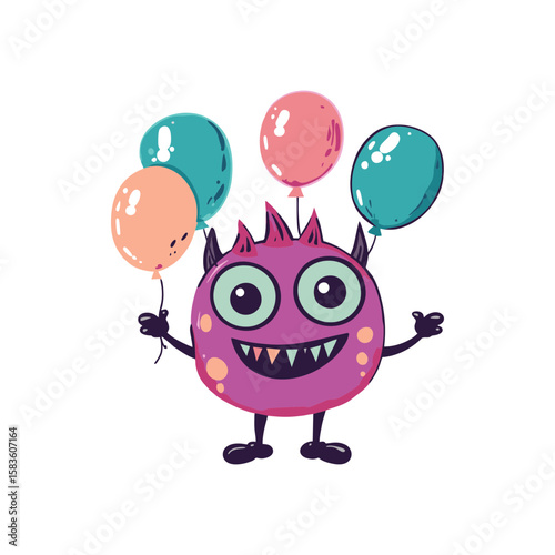 Funny round purple monster with big eyes and colorful balloons in teal and peach palette, cartoon doodle in flat style on transparent background for Halloween party design or kids illustration
