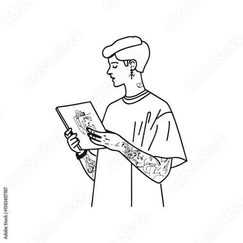 Young tattoo designer with short hair, earrings and visible arm tattoos sketching artwork, minimalist black line illustration for design portfolios, subculture branding or creative content 