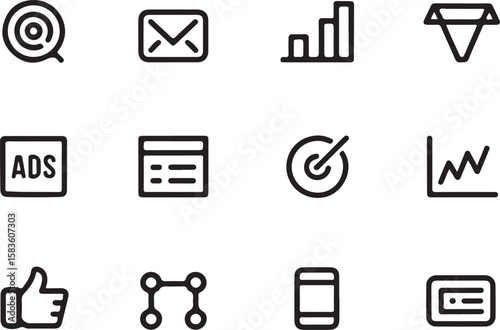 Business and marketing icons set with graphs and social media symbols