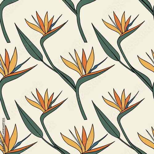 Seamless Tropical floral pattern: A captivating pattern features vibrant birds of paradise flowers. The design's organic form and artistic composition bring the image to life. 