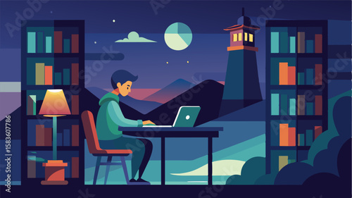 The soft glow of the lighthouses beacon provides a tranquil setting for a freelancer to work into the late hours of the night in the inns library.. Vector illustration