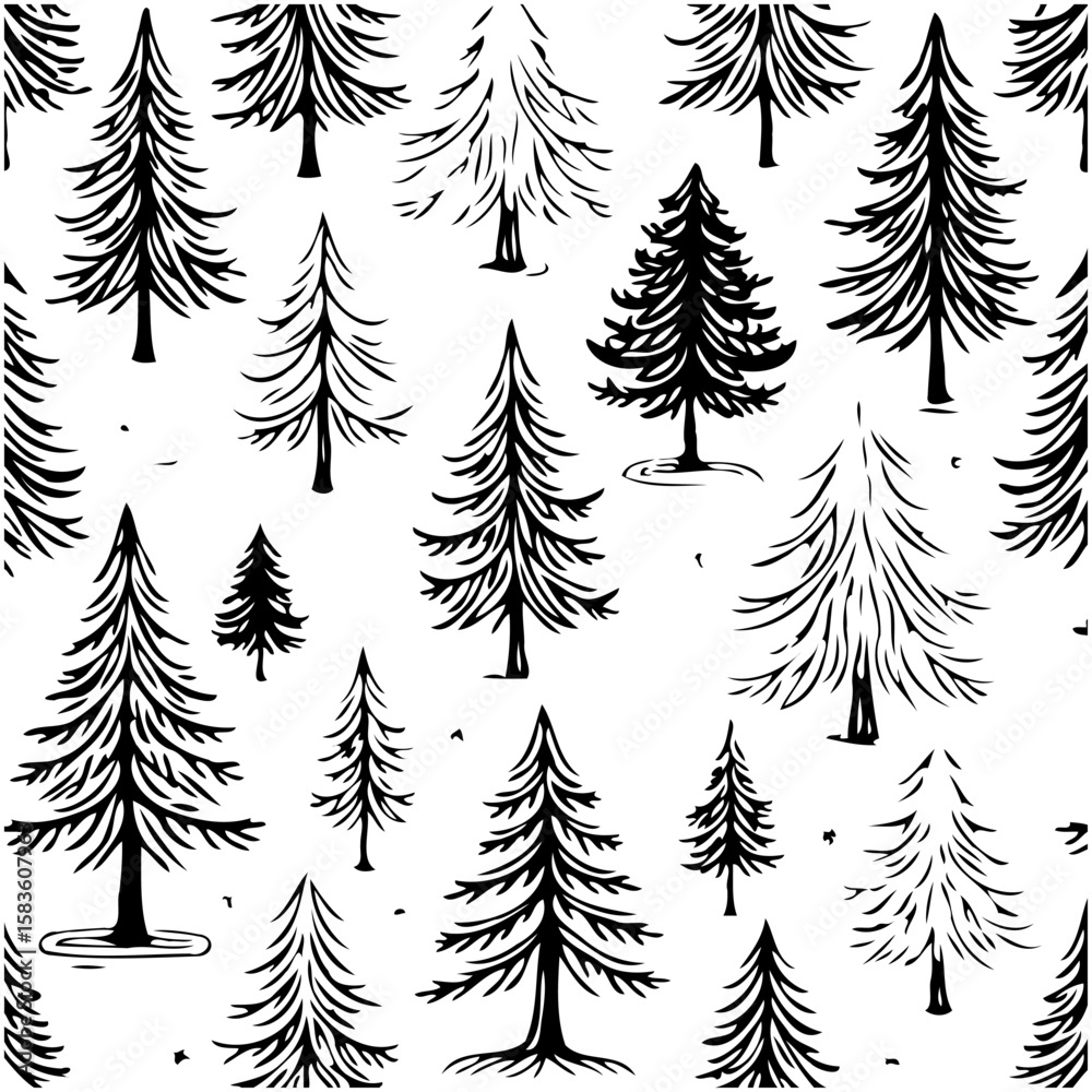 Obraz premium Black and White Seamless Pattern of Pine Trees for Festive Holiday Designs