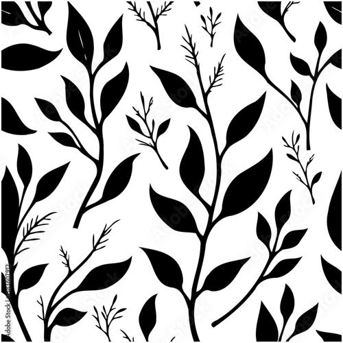 Elegant black and white botanical pattern with leaves and branches design