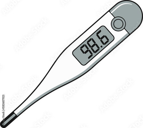 Digital thermometer showing 98.6 degrees Fahrenheit
