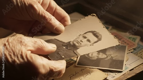 Cherished Memories: Elderly Hands Holding Old Photo. A pair of elderly hands carefully holds a faded black and white photograph of a young man in military uniform. The photo is slightly worn and torn.