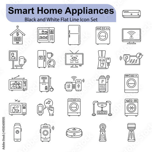 Black and white flat line icons of smart home appliances and technology vector 1
