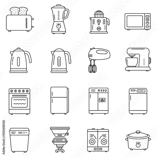 Black and white line art icons of kitchen appliances and home electronics technology