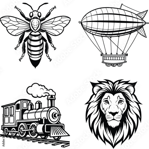 Vector art of a bee, an airship, a steam train, and a majestic lions head