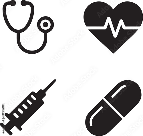 Medical icons stethoscope heart rate syringe capsule
