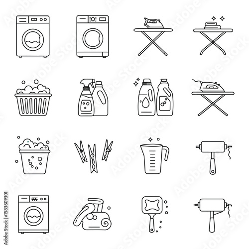 Laundry and Cleaning Icons Set Featuring Washing Machines Irons and Detergent Bottles ironing board