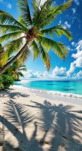 Tropical Beach Paradise With Palm Trees White Sand And Azure Ocean Water