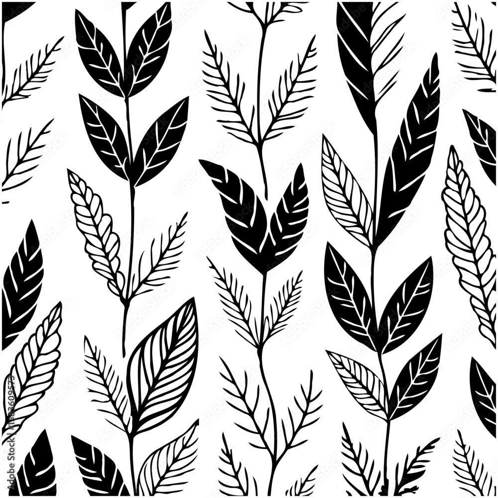 Naklejka premium Elegant Botanical Pattern: Black and White Floral Illustration for Textile and Design