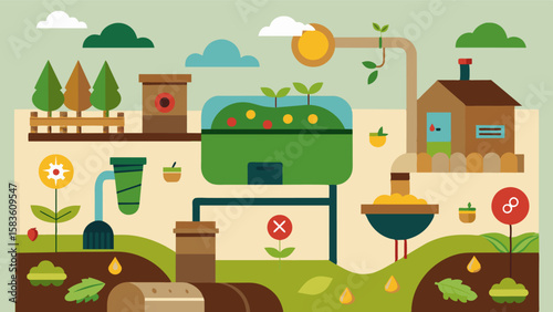 An illustration of a composting system utilizing organic waste from the farm to create nutrientrich fertilizer.. Vector illustration
