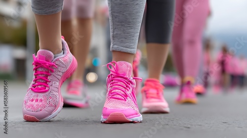 A group of women in bright pink running shoes and capri pants briskly walking for cancer awareness, their vibrant sneakers highlighted as they make their way down the road.