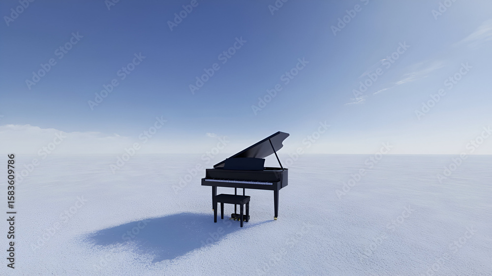 Fototapeta premium A solitary grand piano stands on an expansive, serene, and empty landscape under a wide sky.