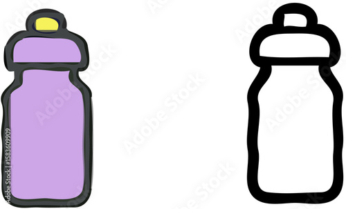 Two baby bottle illustrations: one is purple with a yellow nipple, and the other is a black and white outline.