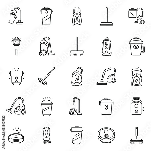 Set of cleaning appliance icons including vacuum cleaners mops and dusters broom