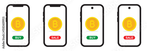 Buy and sale bitcoin on phone icon, vector illustration