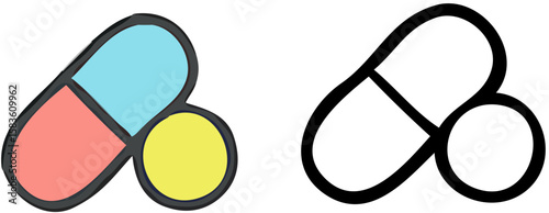 Colorful and outline illustrations of capsules and a small sphere, possibly representing medicine or supplements.