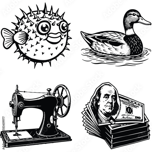 Vector art of four black and white illustrations display a pufferfish, a duck swimming, a vintage sewing machine, and a stack of dollar bills