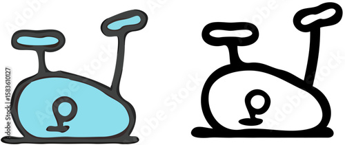 Simple hand-drawn illustrations of an exercise bike, one in light blue and the other in black outline.