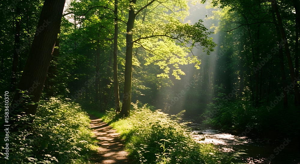 Fototapeta premium Golden sunbeams pierce through the lush green canopy illuminating a tranquil forest path beside a flowing stream.