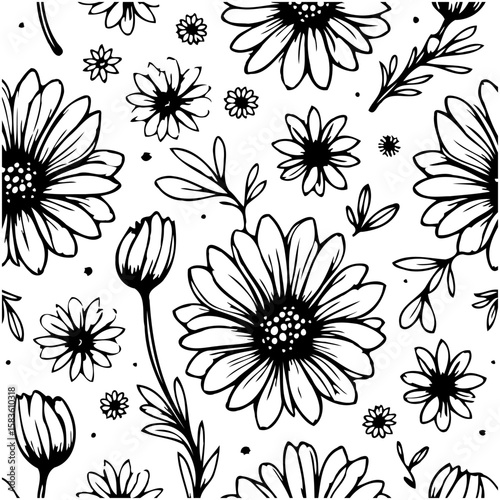Hand Drawn Floral Vector Seamless Pattern with Daisies and other Flowers