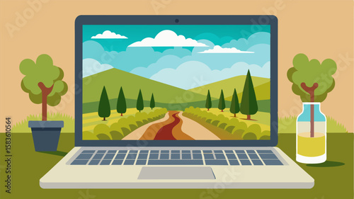 The laptop its screen displaying a tranquil vineyard scene blends seamlessly with the natural surroundings of the patio.. Vector illustration