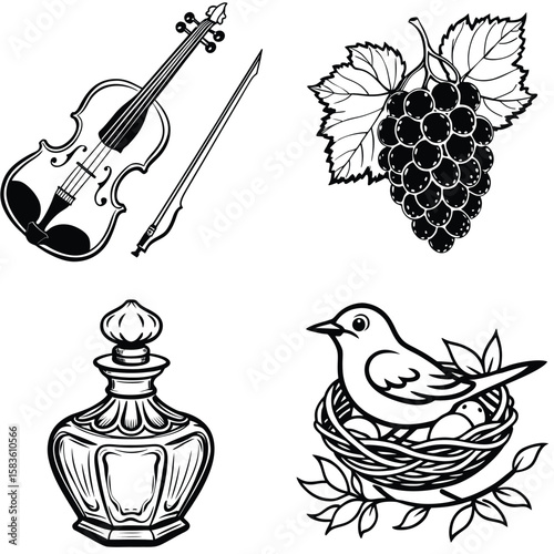 Vector art of an artistic compilation of black and white illustrations including a violin, grapes, a perfume bottle, and a birds nest