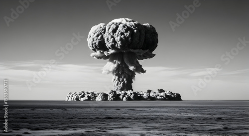 Powerful detonation forms a towering mushroom cloud against a somber, empty horizon