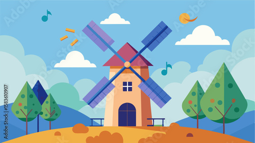 The gentle hum of the windmills blades providing a soothing soundtrack as one works from the comfort of their vacation home.. Vector illustration