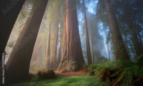 Sunlight pierces through the mystical mist in a towering ancient forest of giant trees