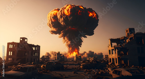 The ominous silhouette of a massive explosion looms over a desolate, war-torn urban landscape.