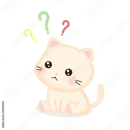 Cute little curious cat with colorful question marks.