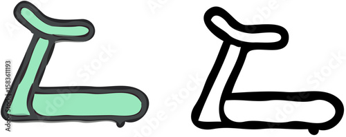 Illustration of a treadmill in mint green and a black outline version.