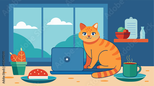 The farm cat lounges lazily on a windowsill watching as a freelancer types frantically on their laptop at the kitchen table. A warm apple pie cools on the countertop providing a. Vector illustration