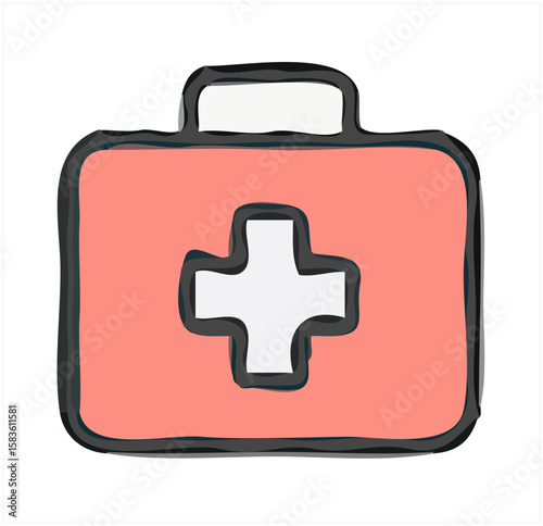 A hand-drawn illustration of a coral-colored first-aid kit.