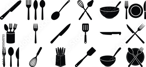 Cutlery set. Kitchenware silhouette on white. Table knife and fork collection. Vector illustration.