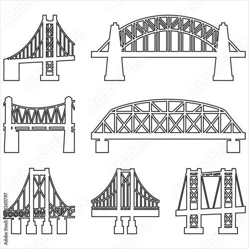Various bridge designs in black and white line art suspension bridge arch bridge