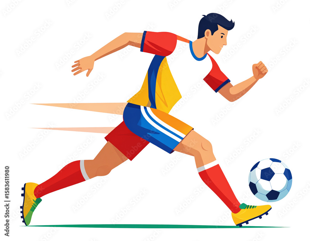 Flat Vector Football Athlete Sprinting with Ball, Bold Focus Effect on Soccer Ball, Modern Sports Icon, PNG Transparent Background Flat Vector Football Athlete Sprinting with Ball, Bold Focus Effect on Soccer Ball, Modern Sports Icon, PNG Transparent Background