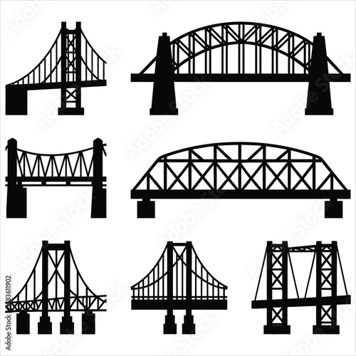 Various bridge designs in black silhouette suspension bridge arch bridge