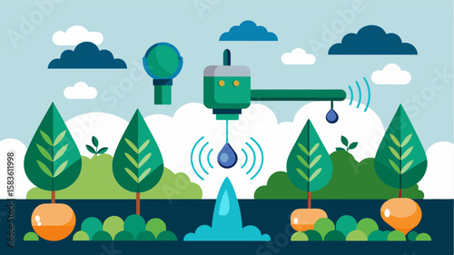 An AIcontrolled irrigation system detects water levels in the soil and adjusts the flow and timing of water accordingly reducing waste and ensuring optimal hydration for crops.. Vector illustration