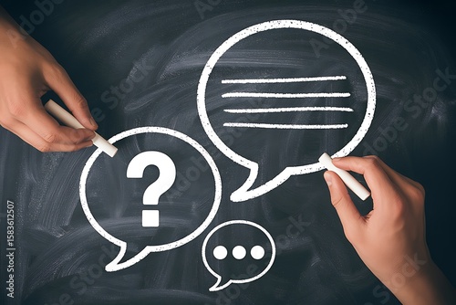 Hands drawing speech bubbles and question mark with chalk on blackboard image
