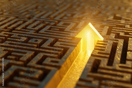 Golden arrow points direction through a detailed labyrinth in a conceptional visual