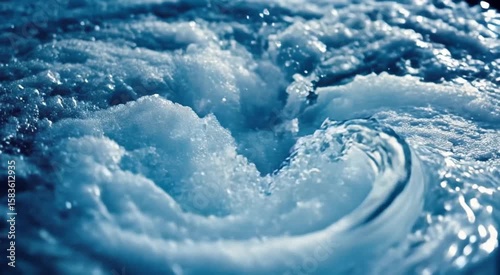 Close Up Of Flowing Water Whirlpool With Foam And Bubbles In Blue Color