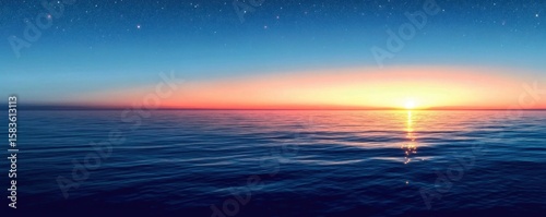 A serene ocean horizon at dusk- with the sky transitioning from blue to orange as stars twinkle above. The calm waters reflect the colors of the setting sun and the night's starry expanse.