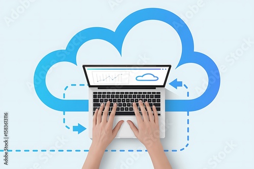 Hands typing on laptop with cloud graphic and data charts keyboard screen